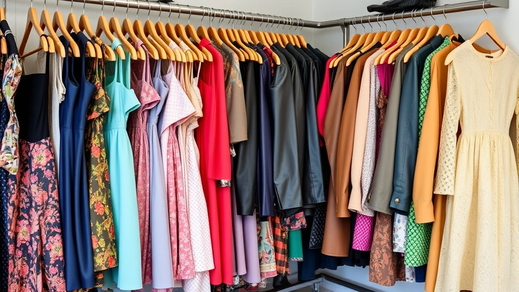 Organized vintage clothing racks displaying colorful dresses, leather jackets, and classic pieces from different decades, organized by color and era, professional shop environment