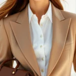 Elegant woman in neutral-toned blazer and white shirt, styled with gold jewelry and structured leather handbag, confident posture, bright natural lighting, minimalist professional aesthetic, high-quality fabric textures visible, fashion editorial style photography