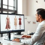 Professional fashion designer working on 3D garment simulation on dual monitors, modern studio environment with fabric swatches and design sketches visible, natural lighting from large windows, contemporary workspace aesthetic