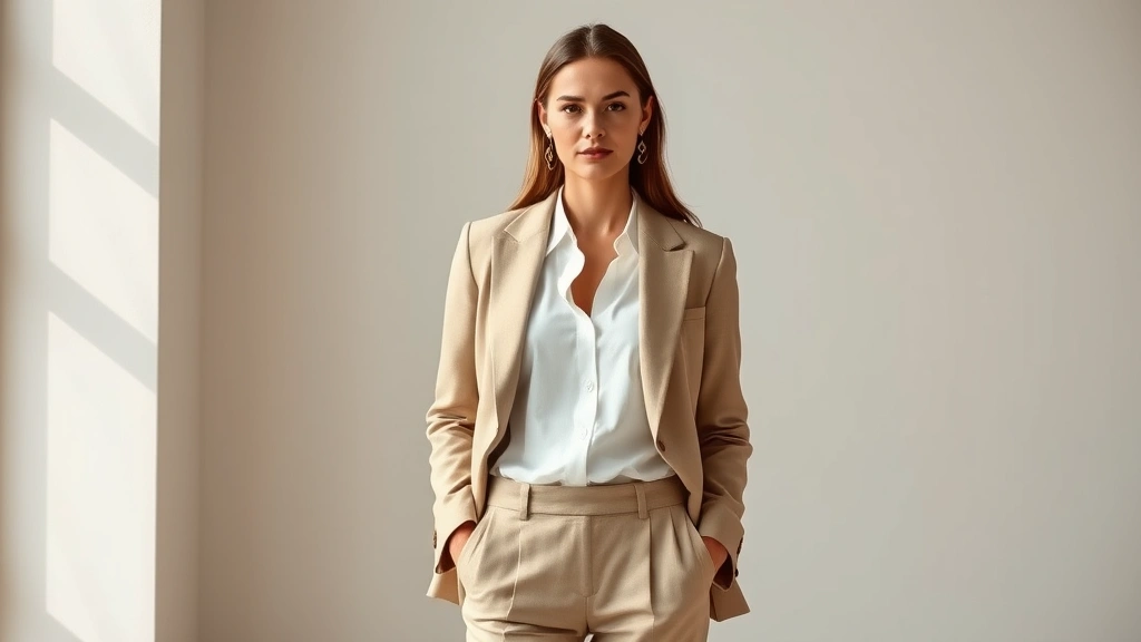 Professional woman wearing perfectly tailored neutral blazer over crisp white silk shirt with tailored trousers, standing confidently in natural light with polished minimalist aesthetic, high-end fashion photography