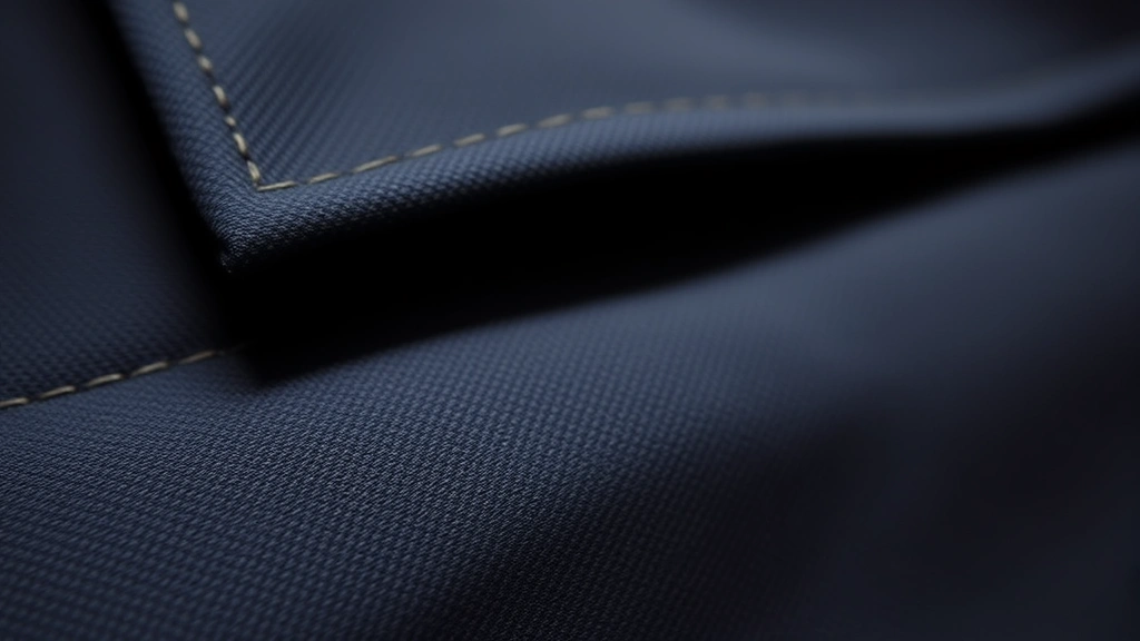 Close-up detail of luxurious fabric texture showing impeccable stitching and seams on a tailored garment, showcasing quality construction and craftsmanship with soft directional lighting