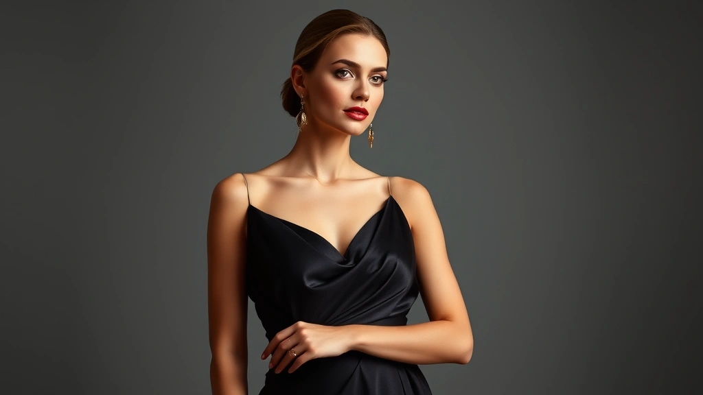Elegant woman in sophisticated evening wear featuring strategic draping and refined silhouette, posing gracefully with understated jewelry and composed expression, professional fashion editorial styling