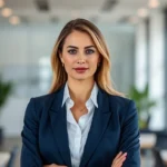 Professional woman wearing perfectly tailored navy blazer and white silk blouse, standing confidently in modern office environment with natural lighting, minimal jewelry, polished appearance