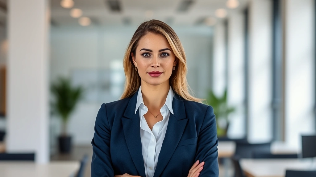 Professional woman wearing perfectly tailored navy blazer and white silk blouse, standing confidently in modern office environment with natural lighting, minimal jewelry, polished appearance