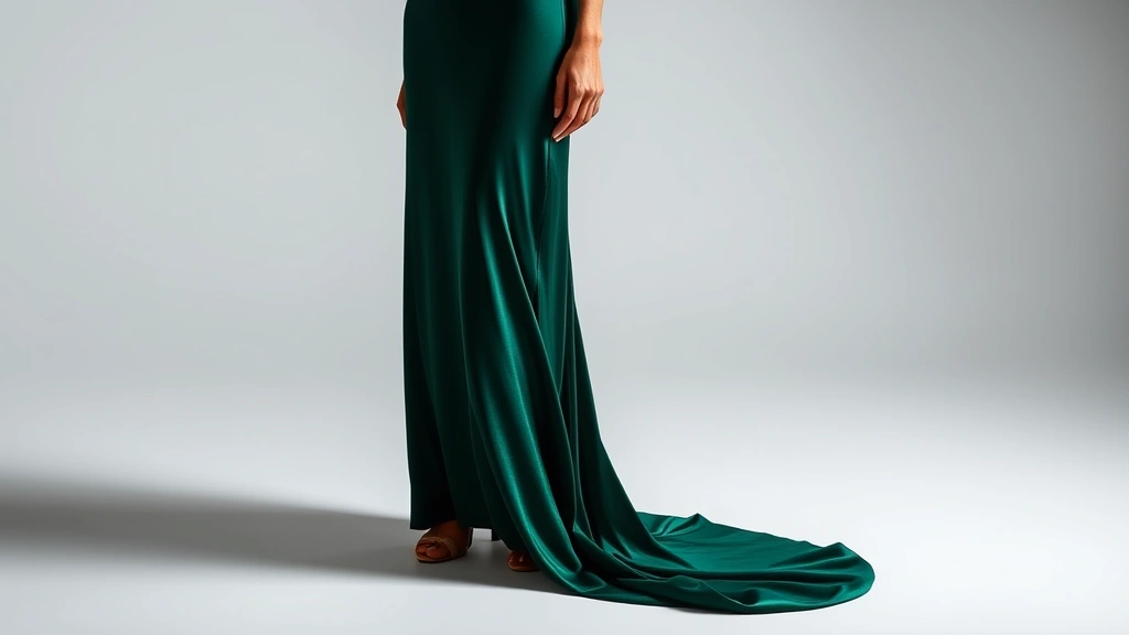 Elegant evening gown in deep emerald fabric with sophisticated draping, floor-length silhouette, worn with delicate heeled shoes, soft studio lighting highlighting luxurious textile quality