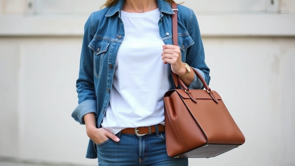 Casual sophisticated outfit featuring quality white t-shirt, tailored denim jacket, well-fitted jeans, and structured leather handbag, styled with minimal accessories in natural daylight