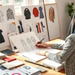 Fashion designer sketching collection ideas at studio desk with fabric swatches, mood board, and design inspiration materials, natural studio lighting, creative workspace atmosphere, photorealistic