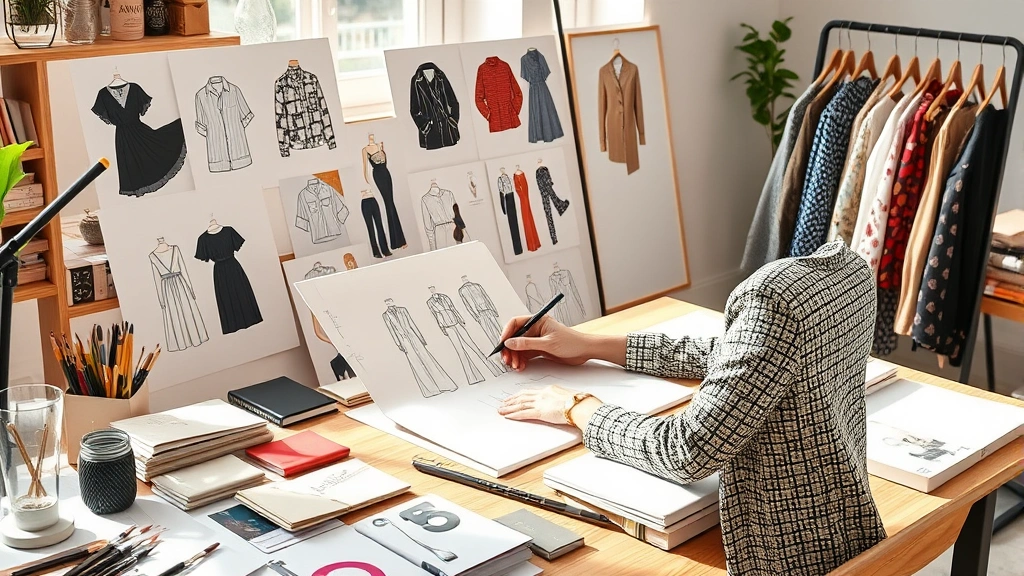 Fashion designer sketching collection ideas at studio desk with fabric swatches, mood board, and design inspiration materials, natural studio lighting, creative workspace atmosphere, photorealistic