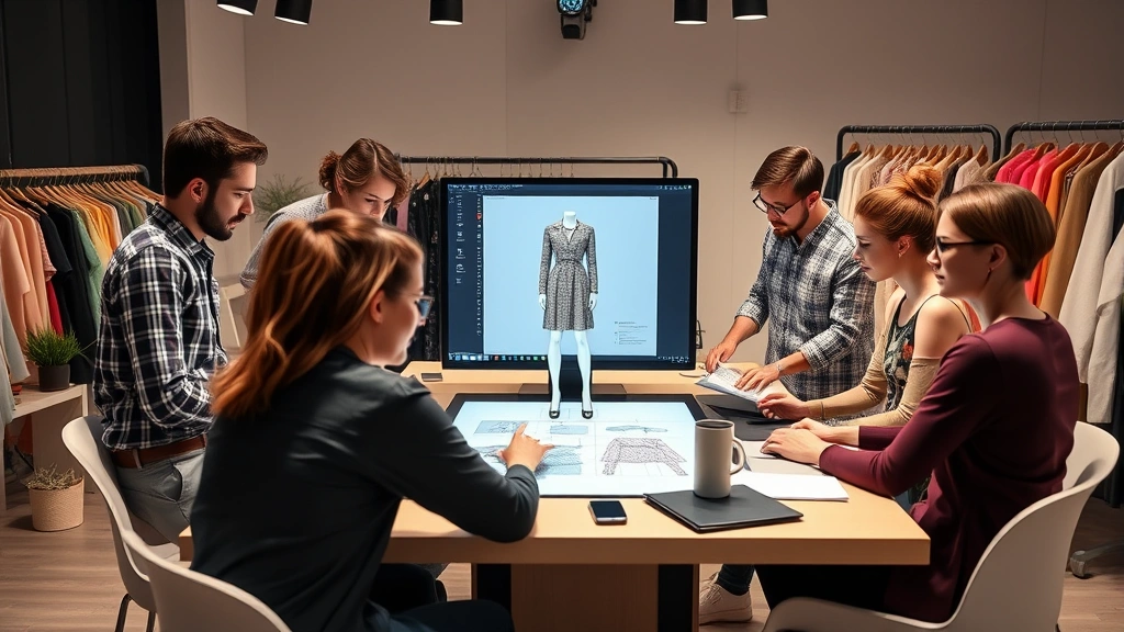 Diverse group of fashion designers collaborating around digital design table with 3D garment visualization on screen, modern studio setting, contemporary design process, professional creative environment, photorealistic