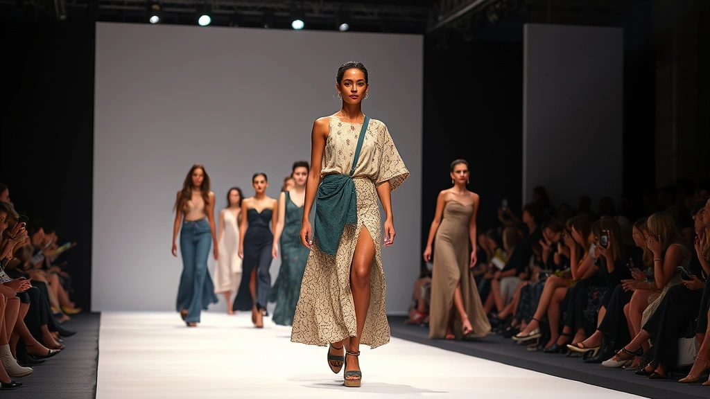 Fashion runway presentation showcasing sustainable designer collection with innovative fabric textures and silhouettes, model wearing avant-garde garment, dramatic lighting, high-fashion photography style, photorealistic