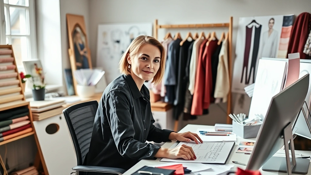 A sophisticated designer in their 30s working at a design studio desk surrounded by fabric swatches, sketches, and mood boards, focused and confident expression, natural studio lighting, contemporary workspace aesthetic