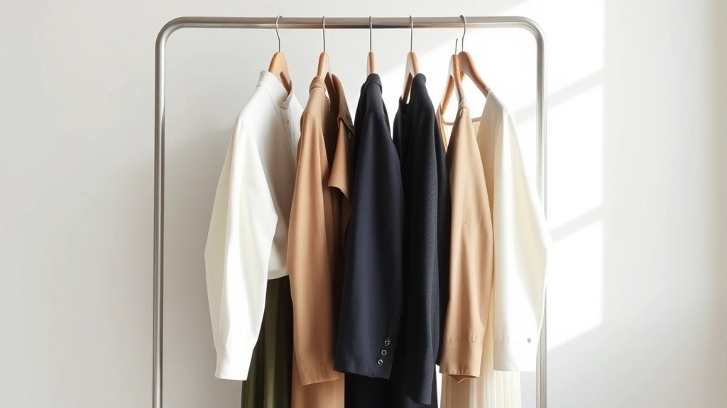 A fashion designer's personal wardrobe displayed on a minimalist clothing rack showing refined, curated pieces in neutral tones with quality tailoring and timeless silhouettes, soft natural light