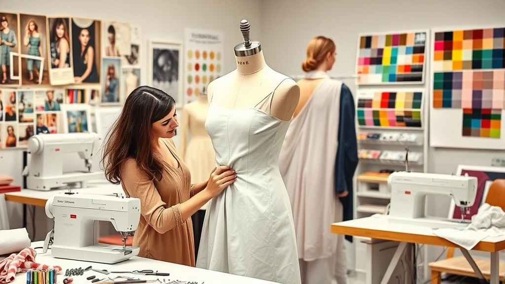 A design studio scene with a designer pinning fabric on a dress form, surrounded by professional sewing equipment, mood boards, and color palettes, showing meticulous craftsmanship and creative process
