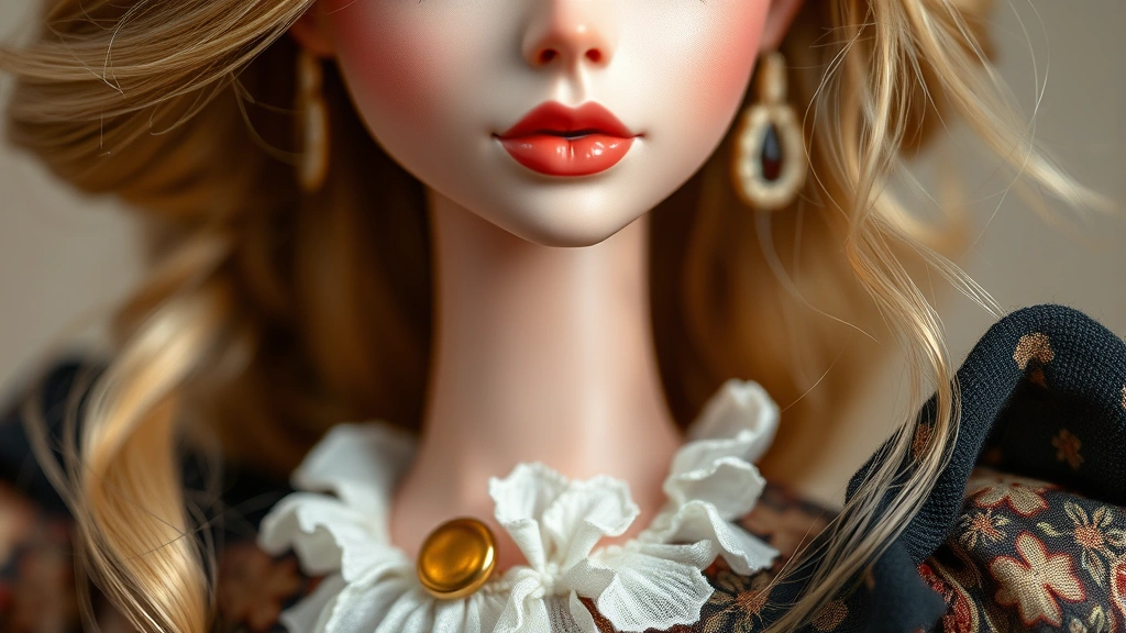 Close-up detail of high-end collectible fashion doll showing intricate face painting, rooted hair texture, articulated joints, and designer clothing with miniature couture details