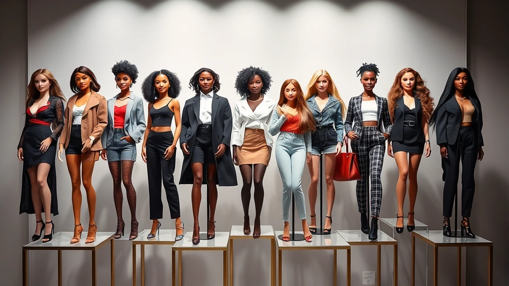 Modern diverse fashion doll collection showcasing various ethnicities, body types, and contemporary styling on elegant display stands with professional lighting and neutral backdrop