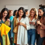 A diverse group of stylish women examining and trying on colorful clothing pieces at an indoor fashion swap event, smiling and holding up garments against themselves, bright natural lighting, casual relaxed atmosphere