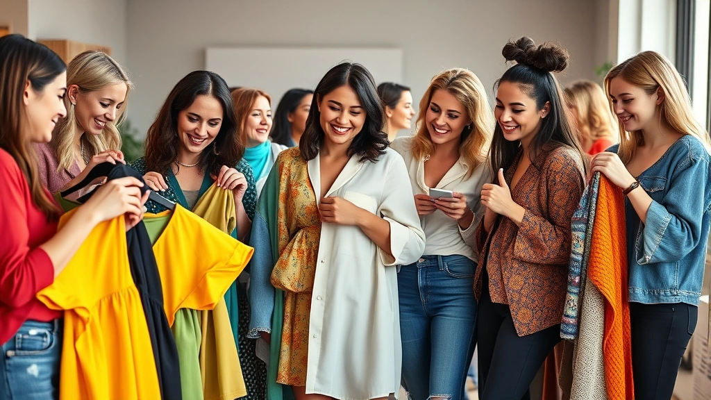 A diverse group of stylish women examining and trying on colorful clothing pieces at an indoor fashion swap event, smiling and holding up garments against themselves, bright natural lighting, casual relaxed atmosphere