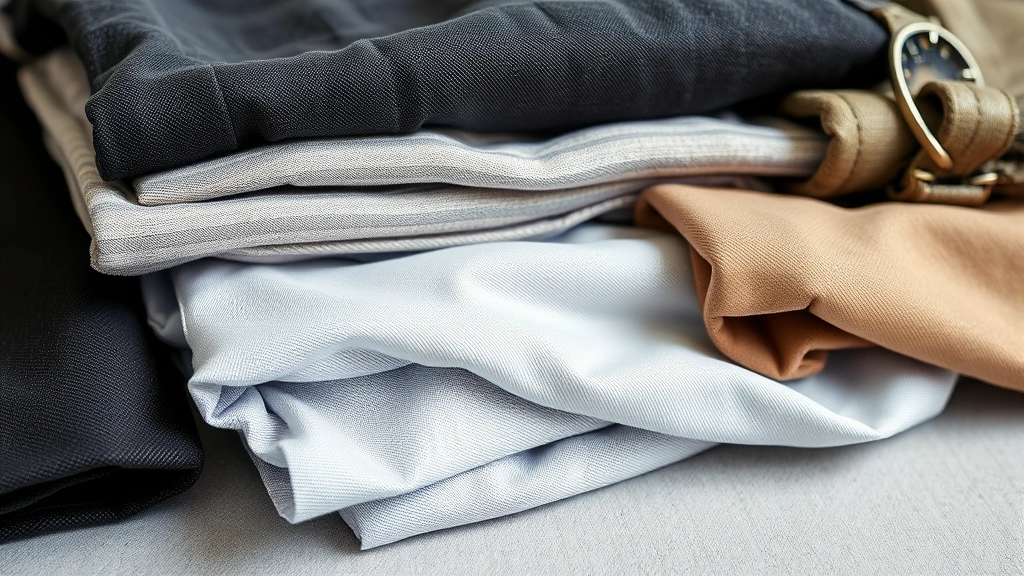 Close-up of carefully folded designer and quality clothing items arranged on a neutral background, showing excellent condition fabrics with texture details, organized and ready for exchange