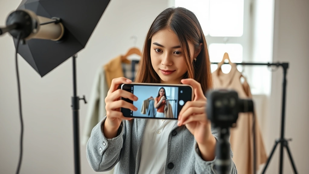 Young woman photographing clothing items with professional lighting setup for online fashion exchange platform, showing smartphone screen, organized neutral background, natural daylight from window