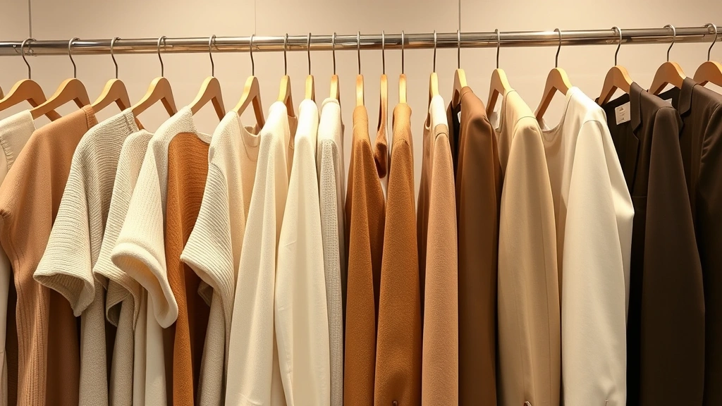 Luxury minimalist fashion display with neutral tones, cream and camel colored clothing on elegant hangers, soft lighting, high-end boutique atmosphere, folded sweaters and tailored blazers