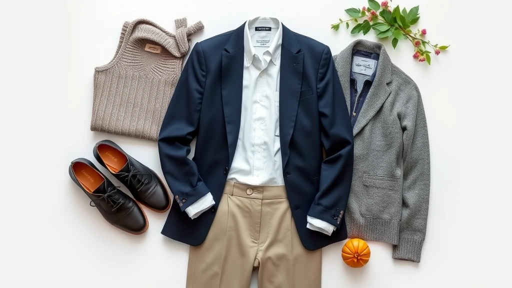Seasonal fashion flat lay arrangement featuring quality basics—white button-down, navy blazer, neutral trousers, structured cardigan, arranged artfully with neutral background, professional styling
