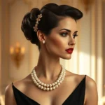 Elegant woman wearing classic black Givenchy gown with pearl necklace, sophisticated updo hairstyle, standing in luxurious interior with neutral tones, golden lighting, timeless 1950s inspired elegance, photorealistic high fashion photography