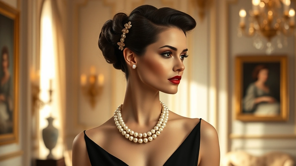 Elegant woman wearing classic black Givenchy gown with pearl necklace, sophisticated updo hairstyle, standing in luxurious interior with neutral tones, golden lighting, timeless 1950s inspired elegance, photorealistic high fashion photography