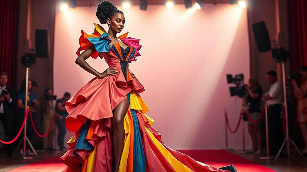 Bold avant-garde fashion statement, sculptural colorful gown with dramatic silhouette, confident model posing on red carpet, professional lighting, contemporary haute couture design, theatrical and artistic fashion moment, photorealistic luxury photography