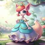 Vibrant digital illustration of a colorful fantasy-themed Neopet wearing an elegant ball gown with matching accessories and crown, standing confidently in a magical garden setting with sparkling effects