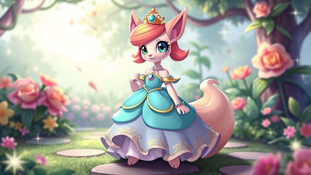 Vibrant digital illustration of a colorful fantasy-themed Neopet wearing an elegant ball gown with matching accessories and crown, standing confidently in a magical garden setting with sparkling effects