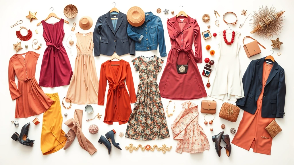 Artistic flat lay composition of diverse fashion clothing items including dresses, jackets, accessories, and decorative pieces in various colors and styles arranged creatively on a clean white surface