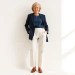 Elegant mature woman wearing tailored navy blazer with cream linen trousers and quality leather loafers, standing confidently in natural light, neutral background