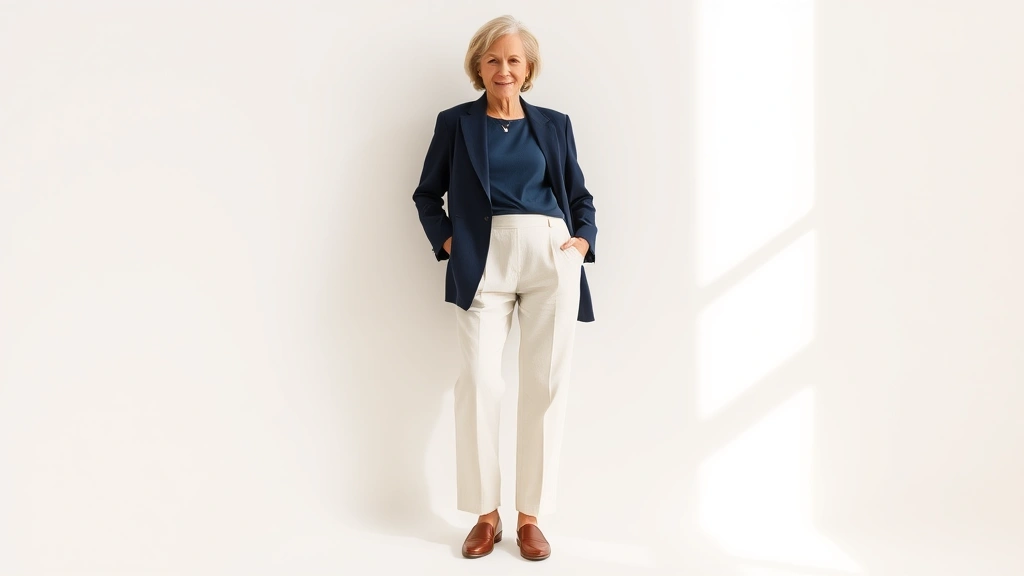 Elegant mature woman wearing tailored navy blazer with cream linen trousers and quality leather loafers, standing confidently in natural light, neutral background