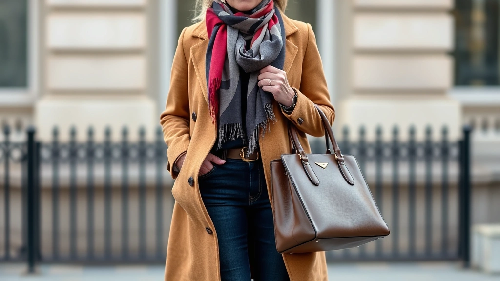 Sophisticated woman over 50 styling a camel coat with dark jeans, silk scarf, and structured leather handbag, showcasing polished casual elegance