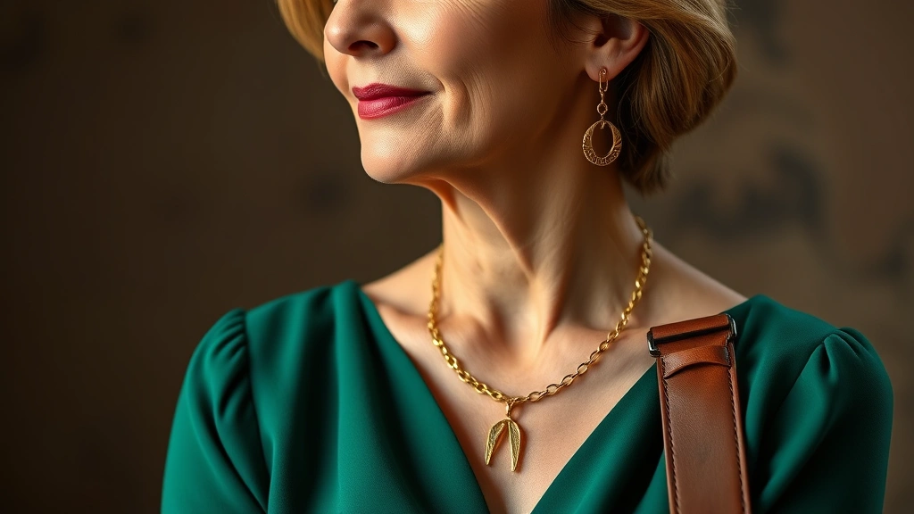 Mature woman in jewel-tone emerald dress with delicate gold jewelry and quality leather accessories, demonstrating timeless color and accessory styling