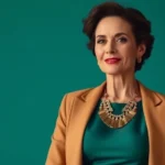 Elegant mature woman wearing jewel-tone emerald dress with gold statement necklace and structured camel blazer, standing confidently with composed posture