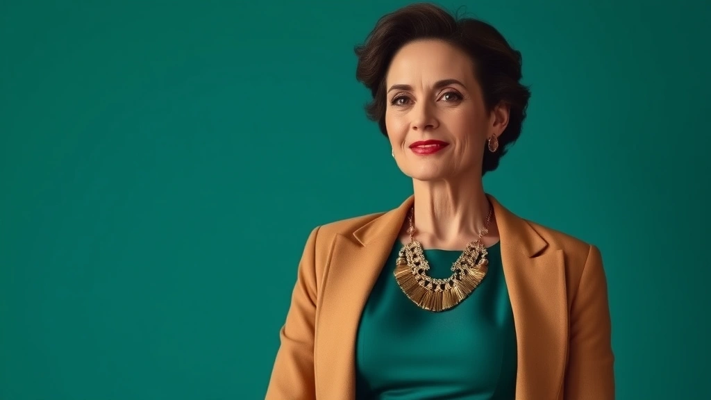 Elegant mature woman wearing jewel-tone emerald dress with gold statement necklace and structured camel blazer, standing confidently with composed posture