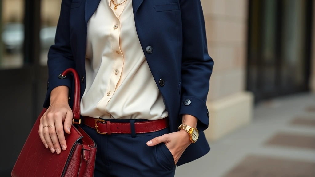 Sophisticated older woman in tailored navy trousers, cream silk blouse, and burgundy leather belt, accessorized with gold watch and structured leather handbag