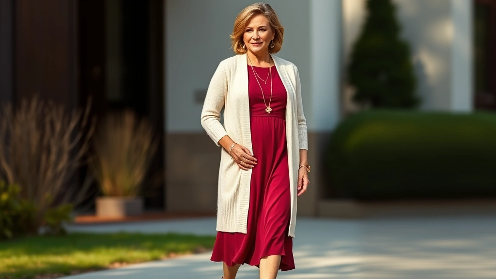 Refined mature woman wearing rich burgundy midi dress layered with cream cashmere cardigan, paired with gold jewelry and classic loafers, natural lighting