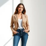 Woman confidently wearing tailored neutral blazer with perfectly fitted jeans, standing in natural sunlight by minimalist white wall, expressing calm sophistication and self-assured style