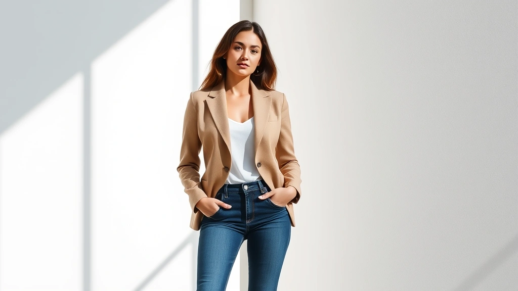 Woman confidently wearing tailored neutral blazer with perfectly fitted jeans, standing in natural sunlight by minimalist white wall, expressing calm sophistication and self-assured style