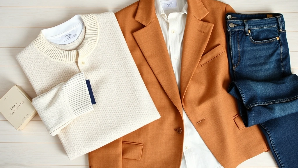 Curated wardrobe flat lay showing coordinated neutral basics including folded cream sweater, white shirt, camel blazer, and quality denim arranged artfully on light wooden surface