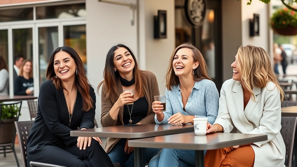 Diverse group of women in various personal styles—minimalist, bohemian, classic, modern—laughing together at outdoor café, each expressing authentic individual aesthetic with genuine confidence and joy