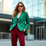 Fashion girl wearing emerald green oversized blazer with fitted burgundy trousers, standing confidently in modern urban setting with natural lighting, showcasing bold color combination and contemporary silhouette