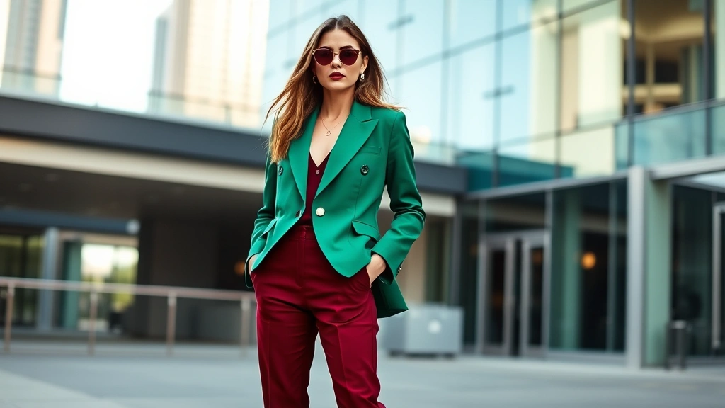 Fashion girl wearing emerald green oversized blazer with fitted burgundy trousers, standing confidently in modern urban setting with natural lighting, showcasing bold color combination and contemporary silhouette