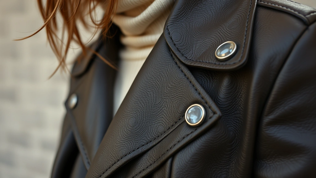 Close-up detail of sustainable fashion: designer vintage leather jacket paired with contemporary minimalist accessories, textured fabric details visible, professional fashion photography style