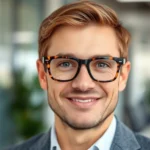 Professional man wearing classic tortoiseshell Wayfarer-style glasses in modern office setting, confident expression, natural lighting highlighting frame details and face clarity