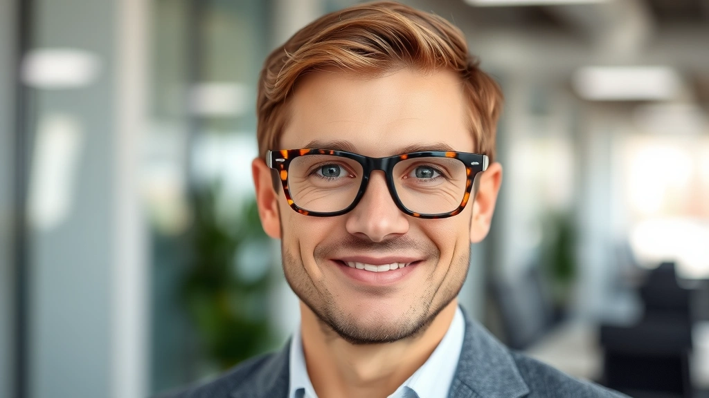 Professional man wearing classic tortoiseshell Wayfarer-style glasses in modern office setting, confident expression, natural lighting highlighting frame details and face clarity