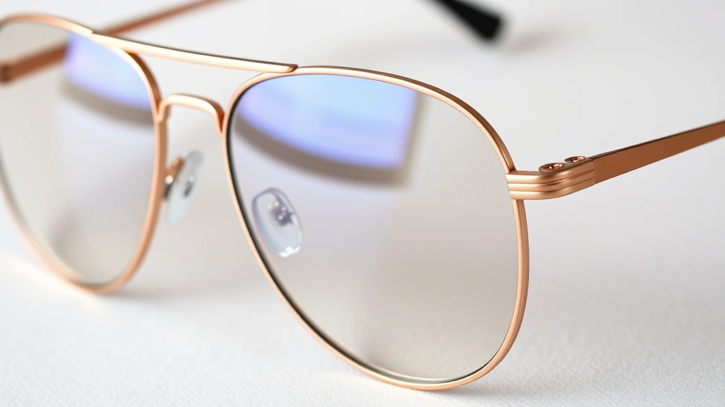 Close-up detail shot of contemporary metal-frame aviator glasses with brushed rose gold finish on light background, showing craftsmanship and lens clarity without reflections