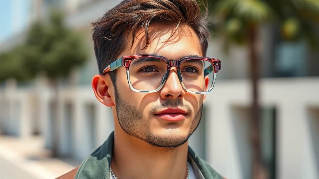 Stylish man wearing oversized geometric transparent acetate frames with casual outfit, standing outdoors in natural daylight, demonstrating modern eyewear fashion aesthetic